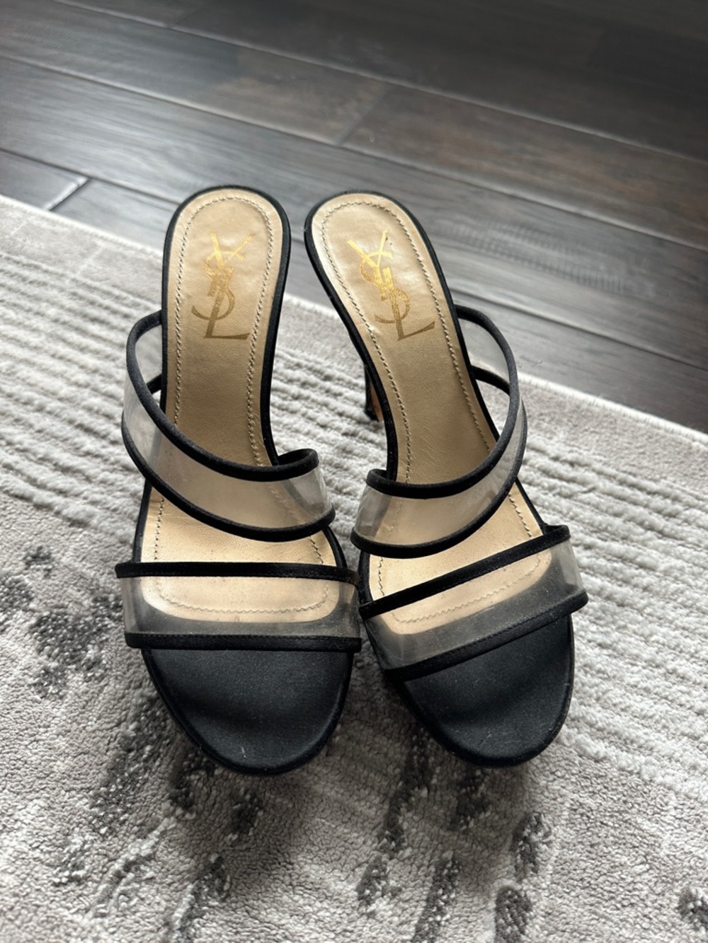Saint Laurent Black and Clear Vinyl Strappy Mule Heels